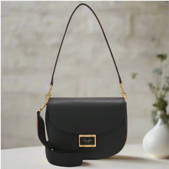 Kate Spade Katy Crossbody Black Leather Saddle Bag Medium Shoulder Bag - Picture 1 of 13